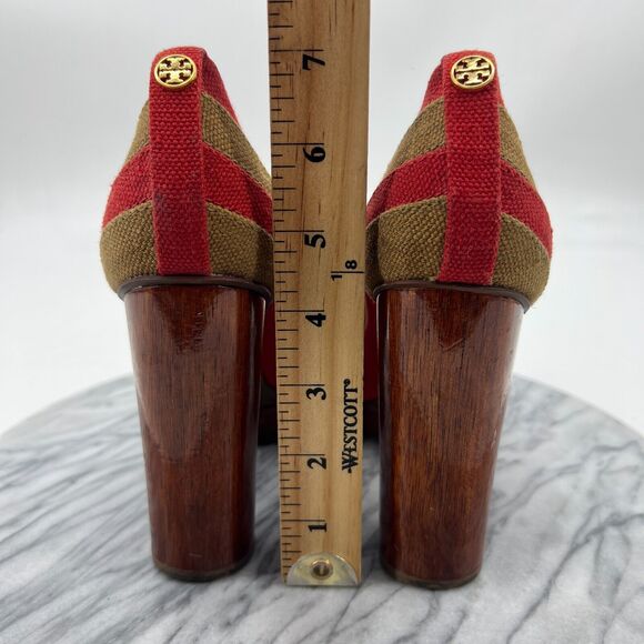 Tory Burch Joelle Platform Pump Womens 8 Linen Patchwork Wood Heel Round Toe - Picture 5 of 11